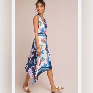 Anthropologie Navy & White Floral Asymmetrical Wrap Dress with Red Accents